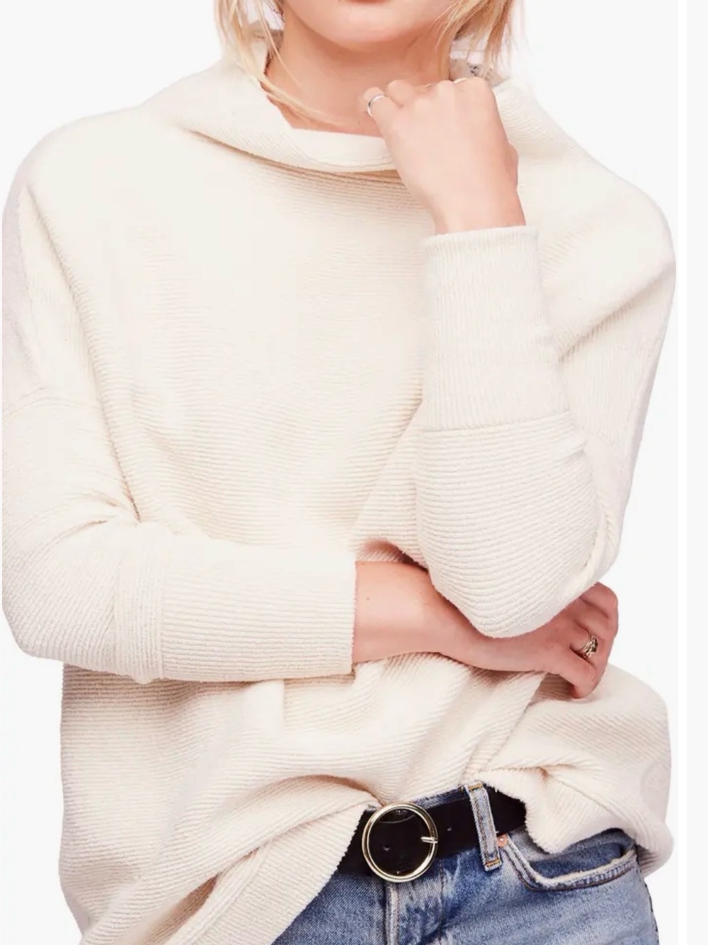 Free People Cream Ribbed Funnel Neck Sweater